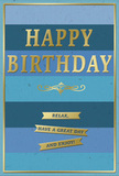 The image shows a thoughtfully designed birthday card that feels both soothing and celebratory, much like a relaxed gathering in a Cobham garden. Its entire front is divided into broad, horizontal stripes, each stripe a different shade of blue that blends seamlessly into the next. At the base, the colour is a deep navy, moving upward through rich teal and ocean hues until it reaches a gentle sky blue near the top. This layered effect creates a sense of depth and calm, as if you were looking out across peaceful water. Set proudly in the centre is the message HAPPY BIRTHDAY, embossed in large, metallic gold letters. The capitals are bold yet elegant, with a raised texture that would feel smooth and cool to the touch, catching light in a warm glimmer. Just beneath the main greeting, a fine golden flourish stretches outward in a delicate, curved design, adding a hint of vintage charm. Below this flourish, three slender gold banners are neatly stacked, each bearing the same reassuring phrase: Relax, have a great day and enjoy! Their golden finish reflects softly against the cooler blues behind them. A slim gold border outlines the card at the edges, giving the design a polished, framed appearance. The card stock appears substantial and smooth, with the contrast between matte blue and glossy gold drawing the eye. It's easy to imagine this card resting beside a vase of fresh birthday flowers on a table near Cobham High Street, quietly encouraging the recipient to slow down, breathe, and enjoy a birthday filled with gentle, meaningful moments.